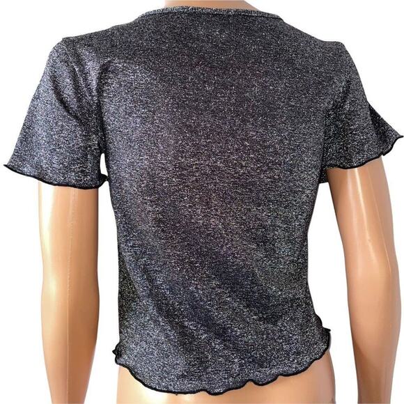 Urban Outfitters top semi cropped lettuce trim black silver top SZ M sparkly - Picture 6 of 6